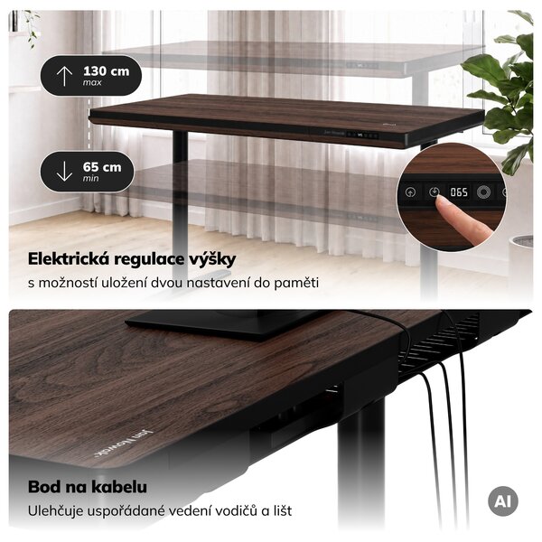 Elektrický psací stůl sit-stand se zásuvkou a bezdrátovou nabíječkou Qi černý/ořech, 1400 mm: ELLIS