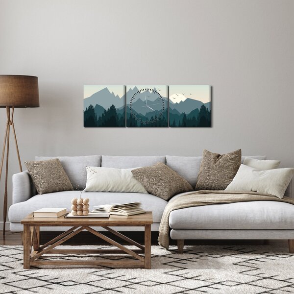 Obraz - Hory pohledem grafika (s hodinami) (90x30 cm)