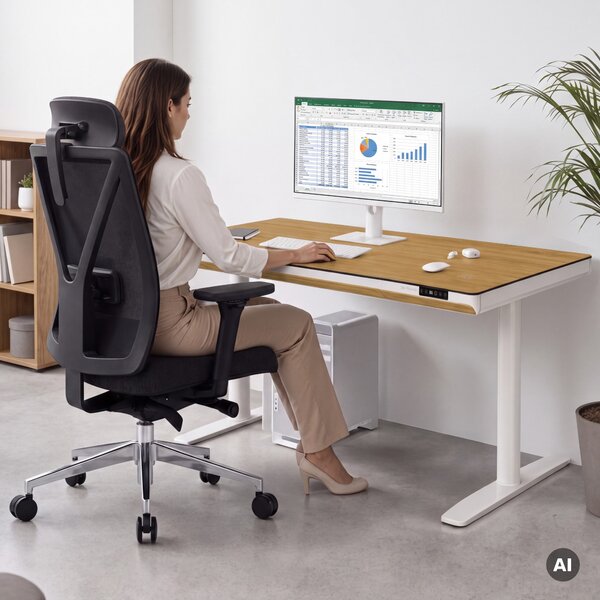 Elektrický psací stůl sit-stand se zásuvkou a bezdrátovou nabíječkou Qi bílý/zlatý dub, 1400 mm: ELLIS