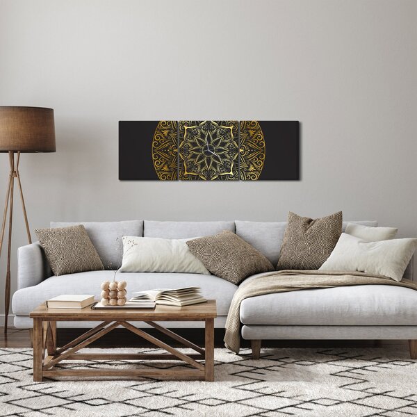 Obraz zlaté abstrakce (s hodinami) (90x30 cm)