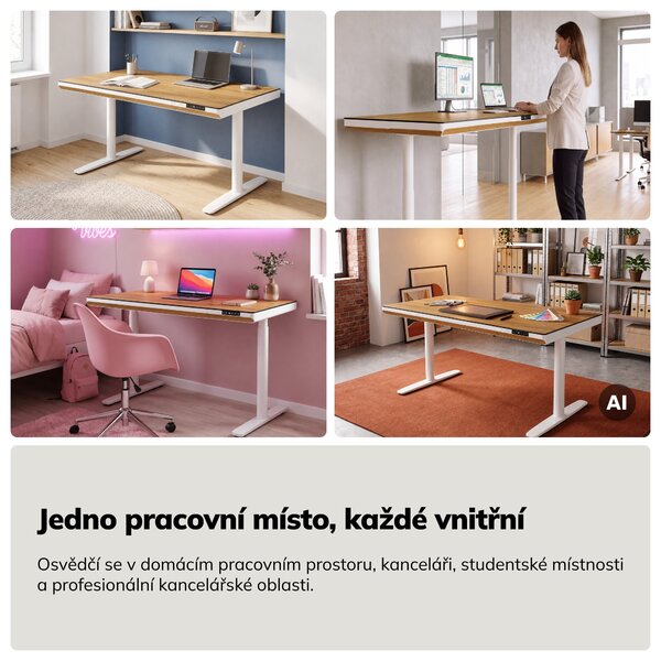 Elektrický psací stůl sit-stand se zásuvkou a bezdrátovou nabíječkou Qi bílý/zlatý dub, 1400 mm: ELLIS