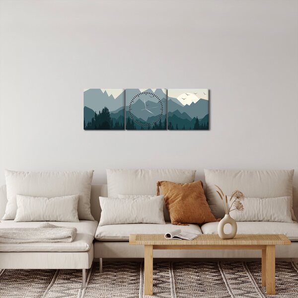 Obraz - Hory pohledem grafika (s hodinami) (90x30 cm)