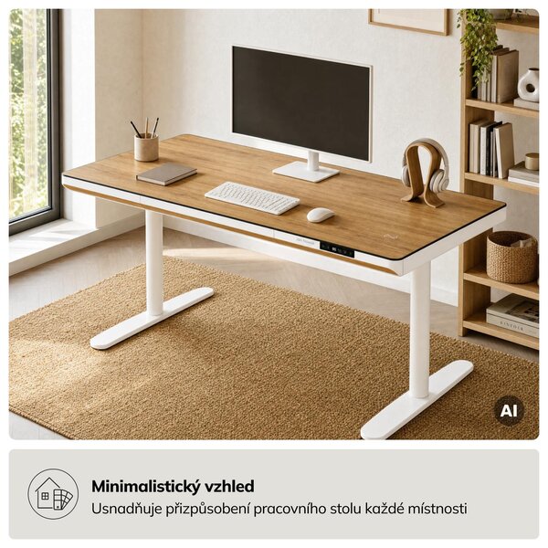 Elektrický psací stůl sit-stand se zásuvkou a bezdrátovou nabíječkou Qi bílý/zlatý dub, 1400 mm: ELLIS