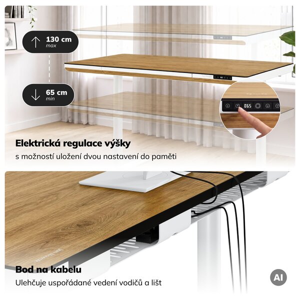 Elektrický psací stůl sit-stand se zásuvkou a bezdrátovou nabíječkou Qi bílý/zlatý dub, 1400 mm: ELLIS