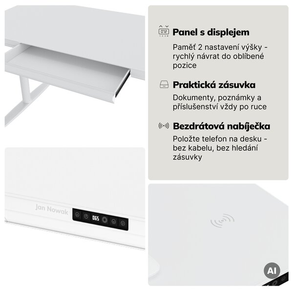 Elektrický psací stůl sit-stand se zásuvkou a bezdrátovou nabíječkou Qi bílý, 1600 mm: ELLIS