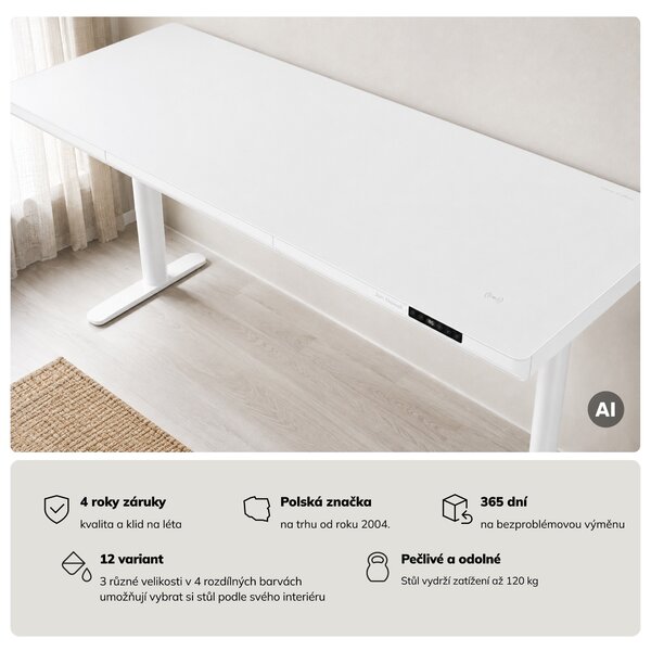 Elektrický psací stůl sit-stand se zásuvkou a bezdrátovou nabíječkou Qi bílý, 1600 mm: ELLIS
