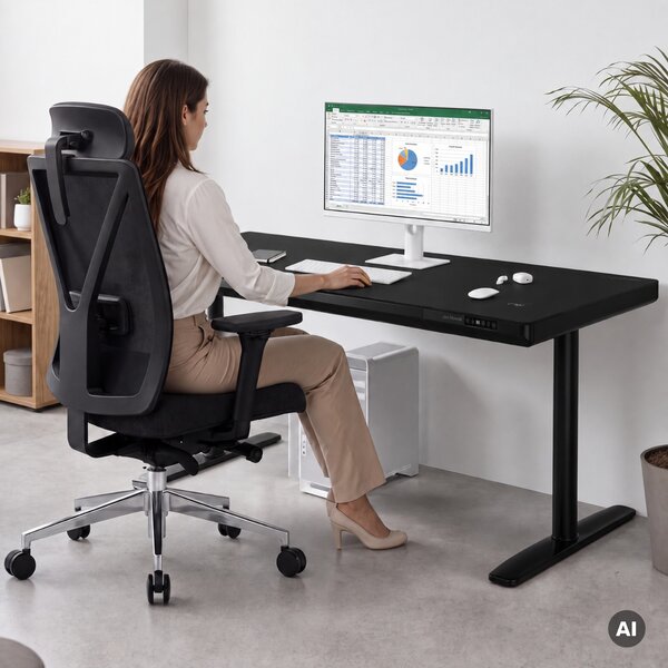 Elektrický psací stůl sit-stand se zásuvkou a bezdrátovou nabíječkou Qi černý, 1600 mm: ELLIS