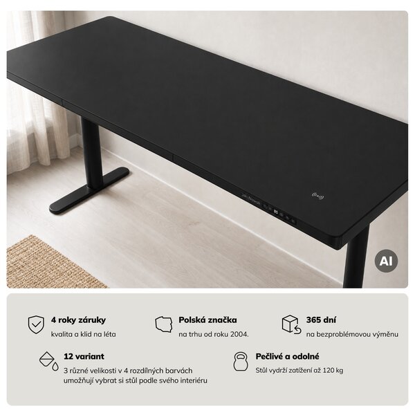 Elektrický psací stůl sit-stand se zásuvkou a bezdrátovou nabíječkou Qi černý, 1600 mm: ELLIS