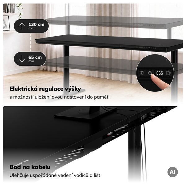 Elektrický psací stůl sit-stand se zásuvkou a bezdrátovou nabíječkou Qi černý, 1600 mm: ELLIS