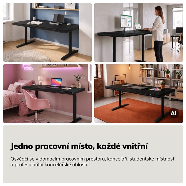 Elektrický psací stůl sit-stand se zásuvkou a bezdrátovou nabíječkou Qi černý, 1600 mm: ELLIS