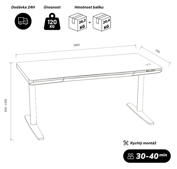 Elektrický psací stůl sit-stand se zásuvkou a bezdrátovou nabíječkou Qi černý, 1600 mm: ELLIS