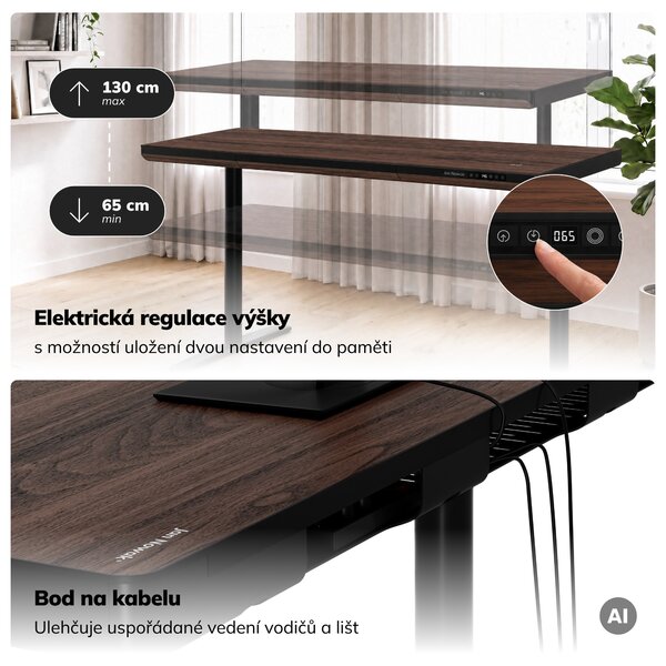 Elektrický psací stůl sit-stand se zásuvkou a bezdrátovou nabíječkou Qi černý/ořech, 1600 mm: ELLIS