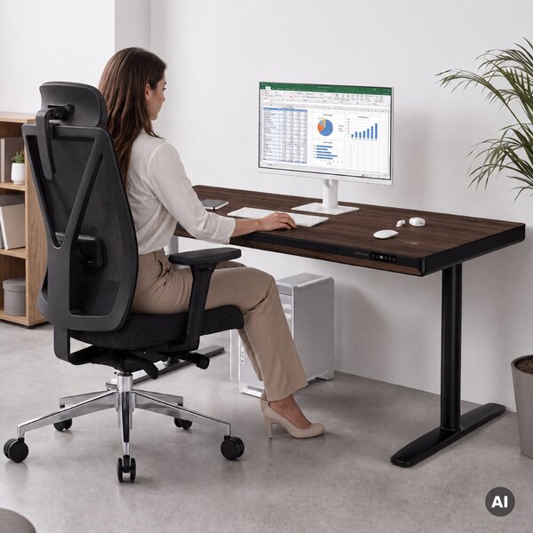 Elektrický psací stůl sit-stand se zásuvkou a bezdrátovou nabíječkou Qi černý/ořech, 1600 mm: ELLIS