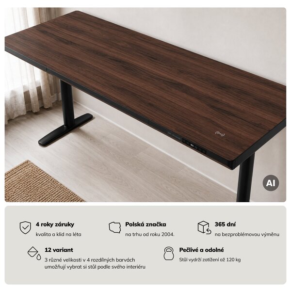 Elektrický psací stůl sit-stand se zásuvkou a bezdrátovou nabíječkou Qi černý/ořech, 1600 mm: ELLIS