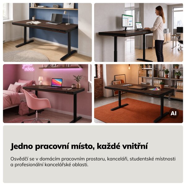 Elektrický psací stůl sit-stand se zásuvkou a bezdrátovou nabíječkou Qi černý/ořech, 1600 mm: ELLIS