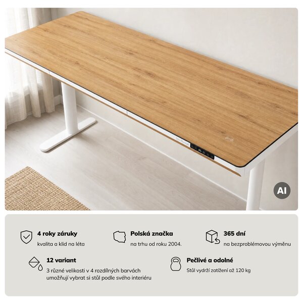 Elektrický psací stůl sit-stand se zásuvkou a bezdrátovou nabíječkou Qi bílý/zlatý dub, 1600 mm: ELLIS