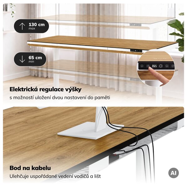 Elektrický psací stůl sit-stand se zásuvkou a bezdrátovou nabíječkou Qi bílý/zlatý dub, 1600 mm: ELLIS