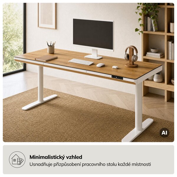 Elektrický psací stůl sit-stand se zásuvkou a bezdrátovou nabíječkou Qi bílý/zlatý dub, 1600 mm: ELLIS