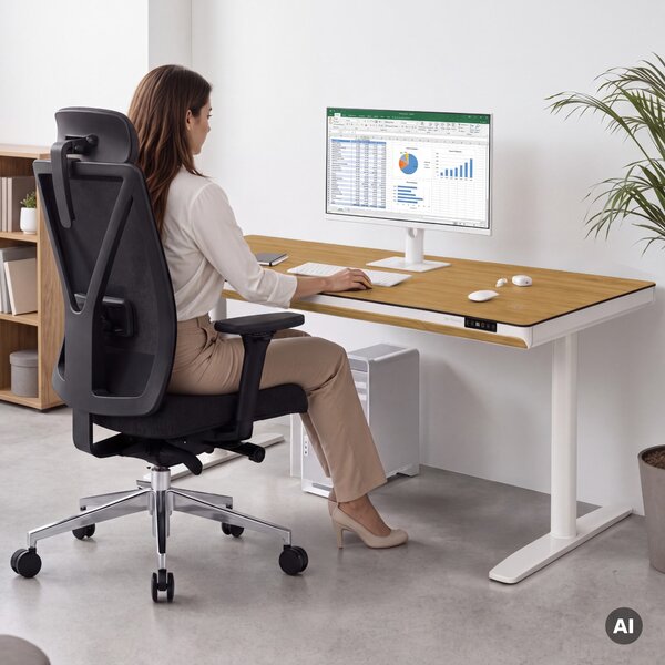 Elektrický psací stůl sit-stand se zásuvkou a bezdrátovou nabíječkou Qi bílý/zlatý dub, 1600 mm: ELLIS