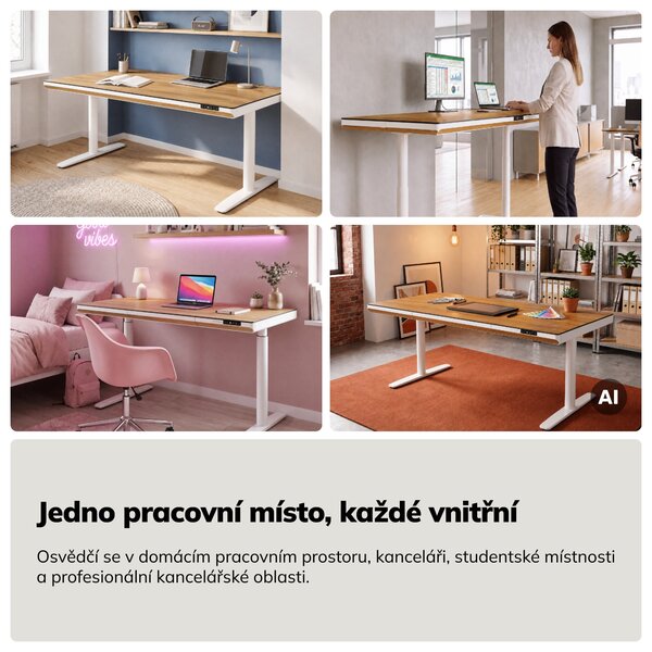 Elektrický psací stůl sit-stand se zásuvkou a bezdrátovou nabíječkou Qi bílý/zlatý dub, 1600 mm: ELLIS