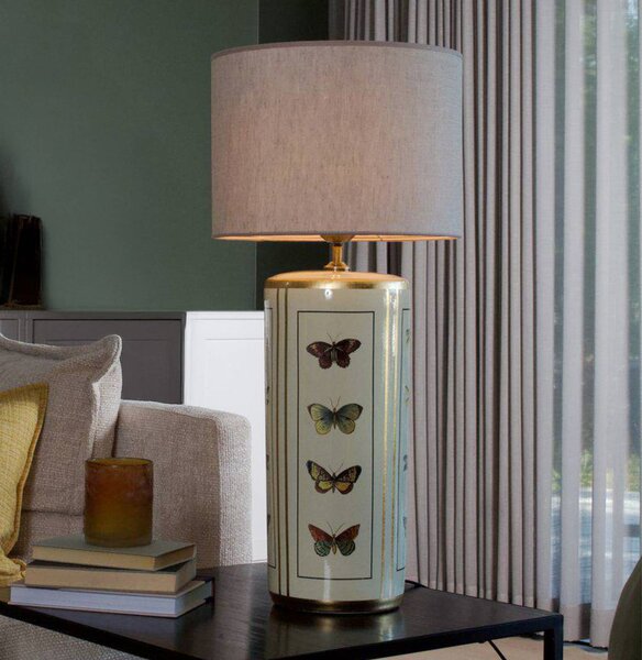 PR Home Stolní lampa Lucca, béžová, výška 67 cm, lněná textilie, keramika, Krémová / jantar, Obývací pokoj / jídelna, Textil / tkanina / hedvábí, Vintage