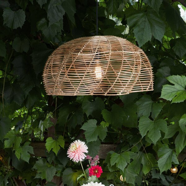 PR Home Venkovní závěsné svítidlo Mayla, přírodní ratan, Ø 53 cm, zástrčka IP44, Světlé dřevo, Dřevo