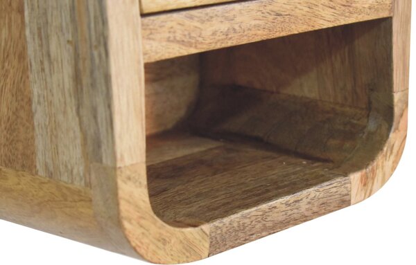 Mini noční stolek v dubovém odstínu se zaoblenými liniemi s otevřenou přihrádkou, šířka 20 cm