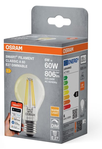 Smart LED žárovka SMART+ MATTER Filament Classic A60, 6W, Teplá bílá, E27