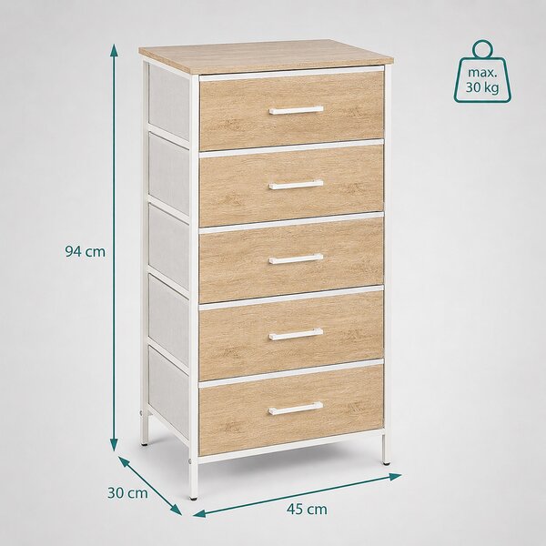 Komoda Relaxdays, rozměry (v x š x h): 94 x 45 x 30 cm, 5 zásuvek z látky, kov, MDF, vhodná do předsíně, ložnice, komoda do předsíně, barva: přírodní/bílá