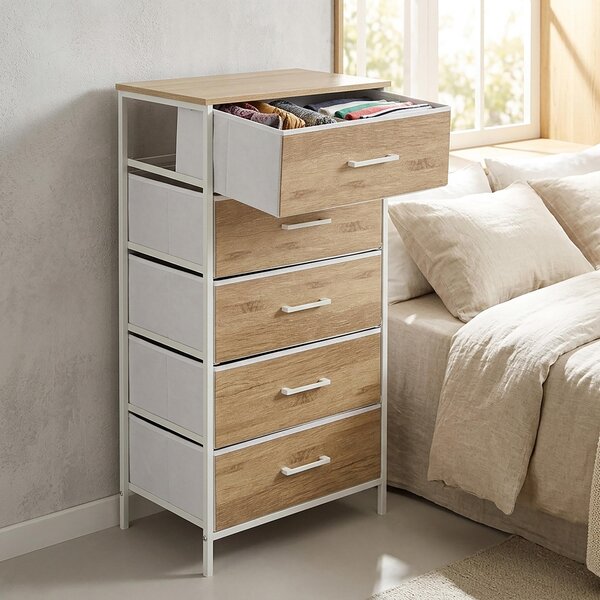 Komoda Relaxdays, rozměry (v x š x h): 94 x 45 x 30 cm, 5 zásuvek z látky, kov, MDF, vhodná do předsíně, ložnice, komoda do předsíně, barva: přírodní/bílá