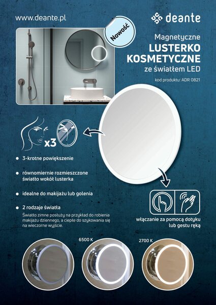 Deante Round příslušenství, kosmetické LED zrcátko 220x220 mm, zvětšení (3x), ADR_0821
