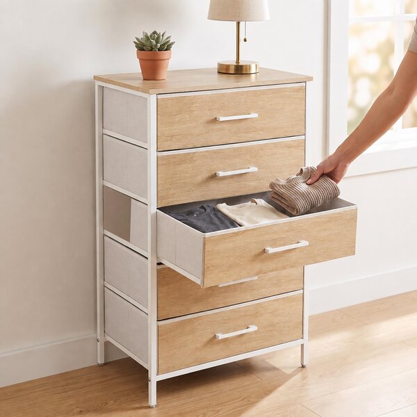 Komoda Relaxdays, rozměry (v x š x h): 94 x 45 x 30 cm, 5 zásuvek z látky, kov, MDF, vhodná do předsíně, ložnice, komoda do předsíně, barva: přírodní/bílá