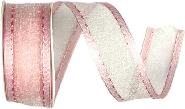 Stuha organzová CHAMPAGNER Soft Pink prošívaná růžová 25mm x 2m (12,-Kč/m)
