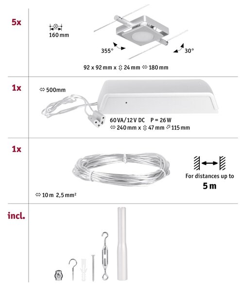 P 94420 LED lankový systém MacLED základní sada 5x4,5W 3000K 230/12V matný chrom/chrom - PAULMANN