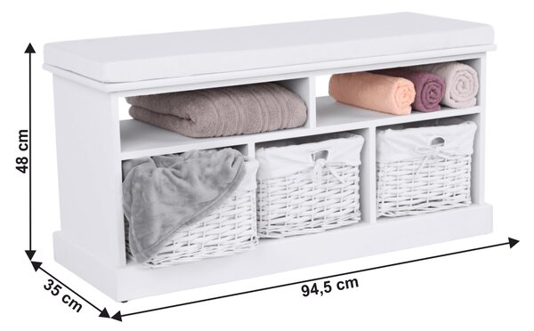 KONDELA Lavice s 3 košíky, bílá, Rafaello