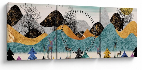 Grafický obraz s jeleny (s hodinami) (90x30 cm)