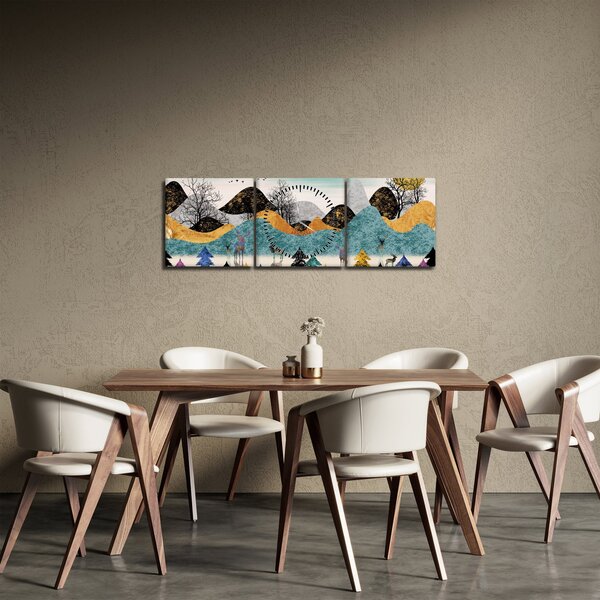 Grafický obraz s jeleny (s hodinami) (90x30 cm)