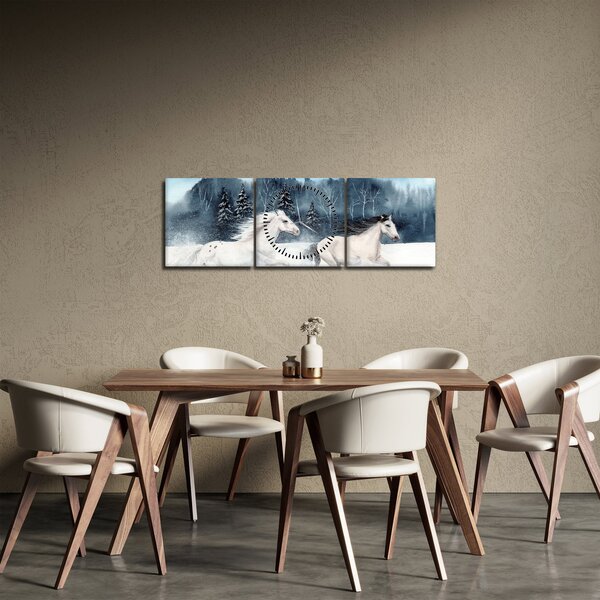 Obraz malovaných koní (s hodinami) (90x30 cm)