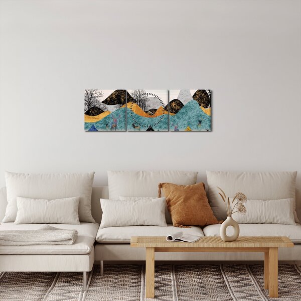 Grafický obraz s jeleny (s hodinami) (90x30 cm)