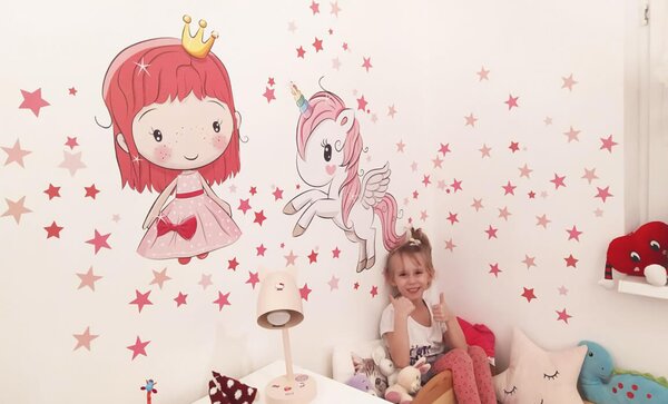 INSPIO-textilní přelepitelná samolepka - Samolepky na zeď pro holčičky - Princezna a jednorožec