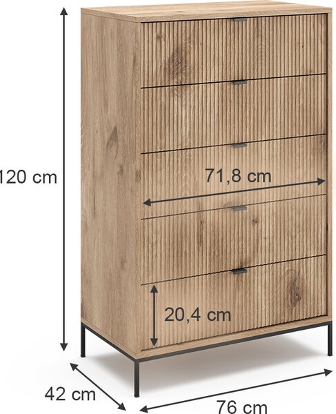 Komoda Vicco Eliza Dub Viking 76 x 120 cm s 5 zásuvkami, Model 49501