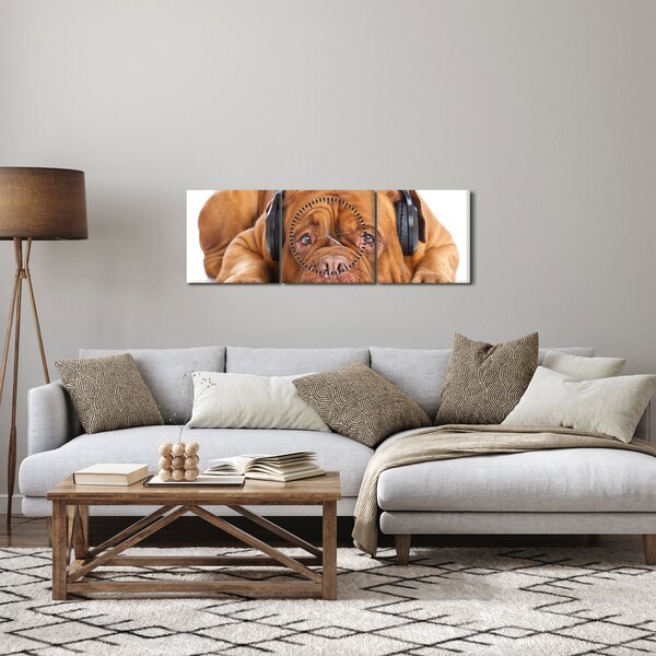 Obraz psa se sluchátky (s hodinami) (90x30 cm)