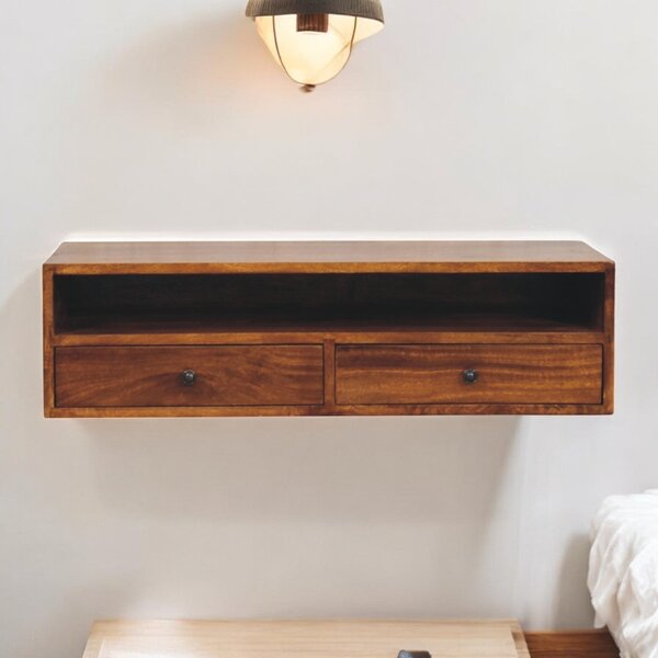 TV stolek Lunar v kaštanovém odstínu na stěnu s 2 zásuvkami, 88 × 32 × 24 cm