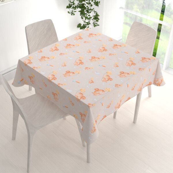 Biante Dětský bavlněný čtvercový ubrus Sandra SA-525 Veverky s květinami na šedobéžovém 90x90 cm