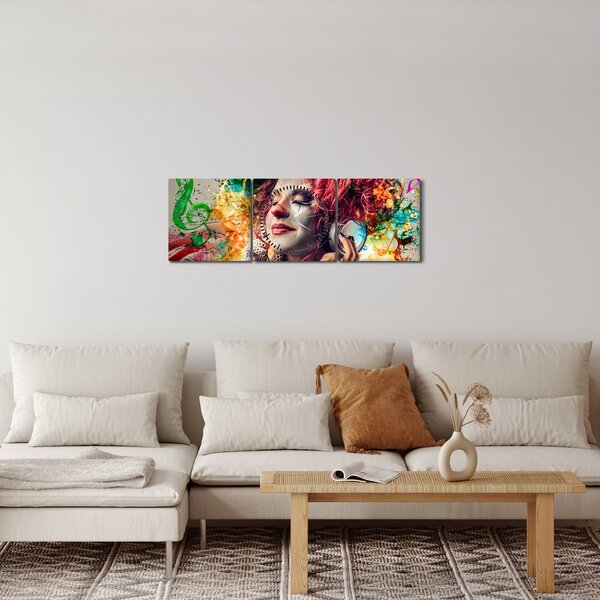 Obraz - Umělkyně se sluchátky (s hodinami) (90x30 cm)