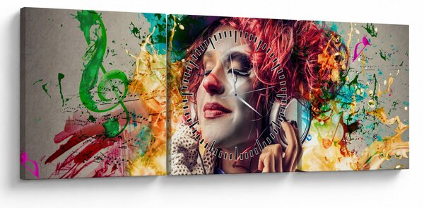 Obraz - Umělkyně se sluchátky (s hodinami) (90x30 cm)