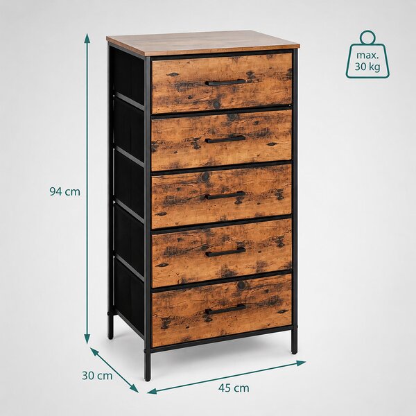 Relaxdays Komoda, rozměry: 94 x 45 x 30 cm, 5 zásuvek z látky, kov, MDF, vhodná do chodby nebo ložnice, komoda do chodby, barva: hnědá/černá