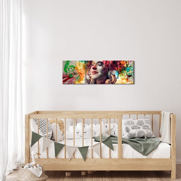 Obraz - Umělkyně se sluchátky (s hodinami) (90x30 cm)