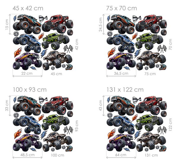 Auta monster trucky samolepky na zeď do klučičího pokoje arch 45 x 42 cm