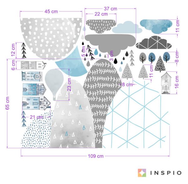 INSPIO-textilní přelepitelná samolepka - Samolepky do dětského pokoje - Modré kopce a domky